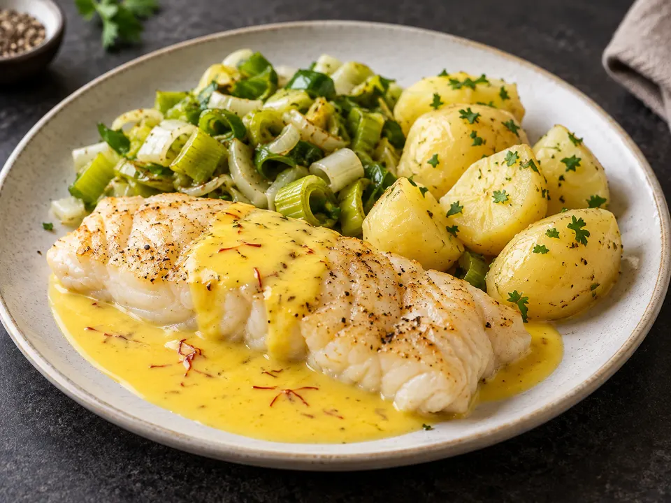 Beispielbild: Seelachsfilet mit Lauch, Kartoffeln und Safransauce