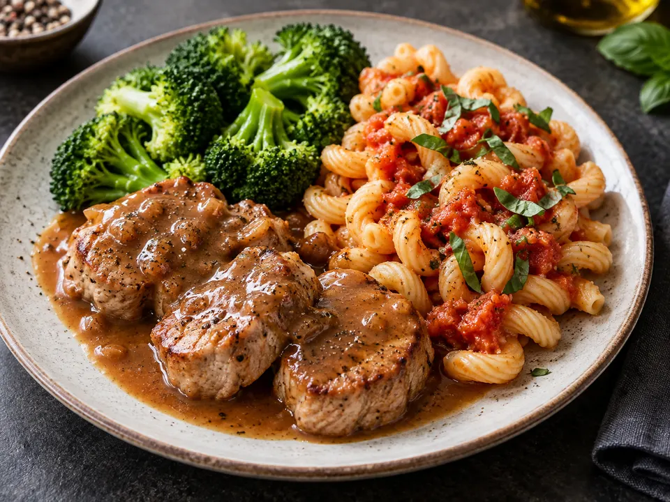 Beispielbild: Schweinemignonette mit Brokkoli, griechischen Nudeln und Tomaten-Basilikum-Sauce