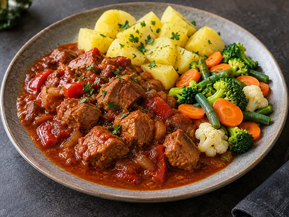 Beispielbild: Schweinegulasch mit Kartoffeln und Gemüse